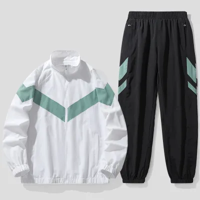 Men's Color Block Breathable Mesh Long-Sleeve Cardigan Loose Pants Two-Piece Set
