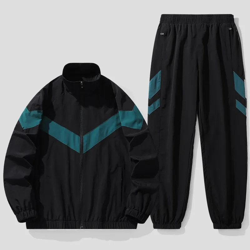 Men's Color Block Breathable Mesh Long-Sleeve Cardigan Loose Pants Two-Piece Set