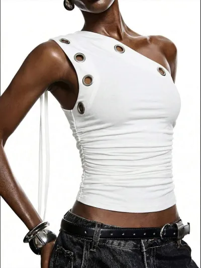 Y2K Women Fashion Metal Eyelet Hollow Slant Shoulder Tanks