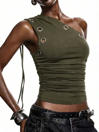 Y2K Women Fashion Metal Eyelet Hollow Slant Shoulder Tanks