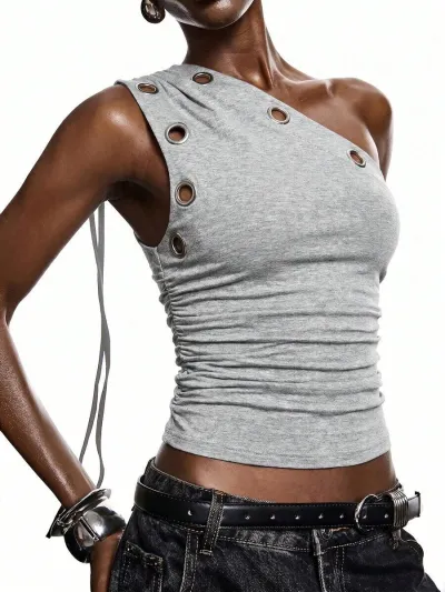 Y2K Women Fashion Metal Eyelet Hollow Slant Shoulder Tanks