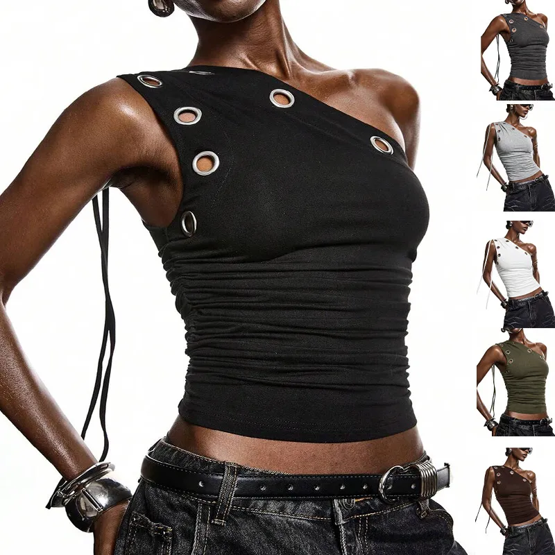 Y2K Women Fashion Metal Eyelet Hollow Slant Shoulder Tanks