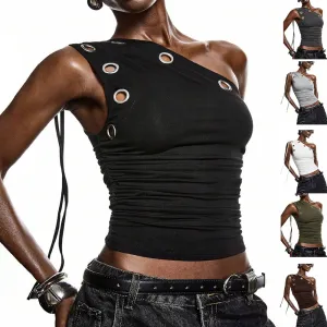 Y2K Women Fashion Metal Eyelet Hollow Slant Shoulder Tanks