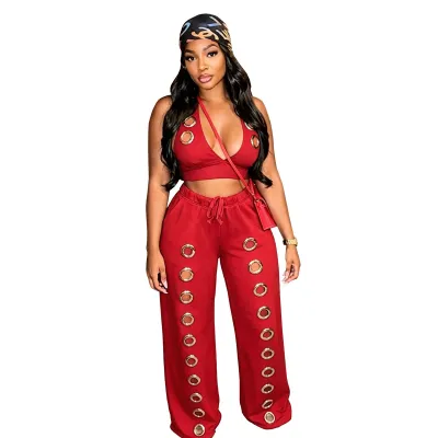 Y2K Women Sexy Metal Eyeelet Cutout Cropped Top And Wide Leg Pants Two-Piece Set