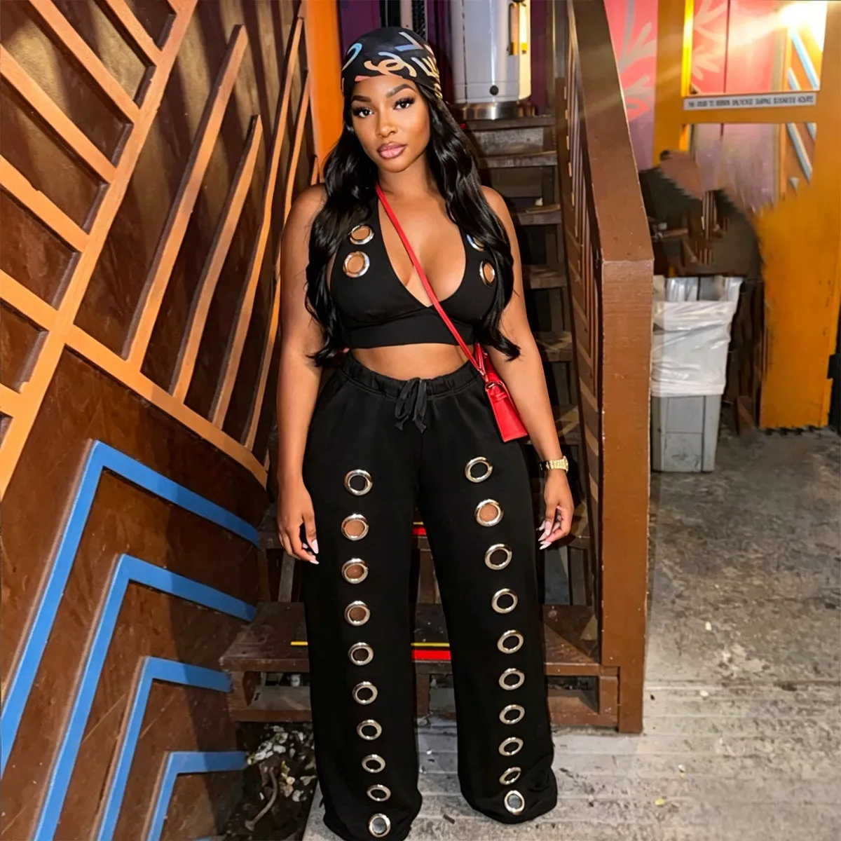 Y2K Women Sexy Metal Eyeelet Cutout Cropped Top And Wide Leg Pants Two-Piece Set
