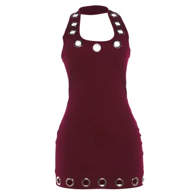 Y2K Summer Women Sexy U-Neck Halter Backless Metal Eyeelet Hollow-Out Mini Hip Dress