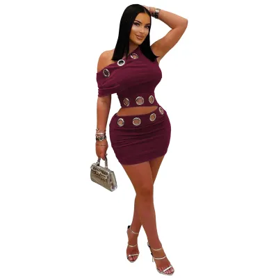 Y2K Women Sexy Metal Eyelet Cut-Out Two-Piece Top And Skirt Two-Piece Set