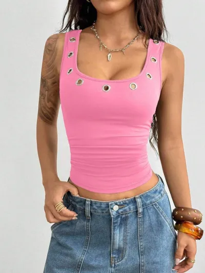 Y2K Women Fashion Metal Eyelet Hollow Tanks
