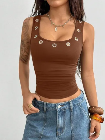 Y2K Women Fashion Metal Eyelet Hollow Tanks