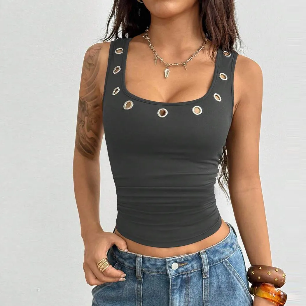 Y2K Women Fashion Metal Eyelet Hollow Tanks