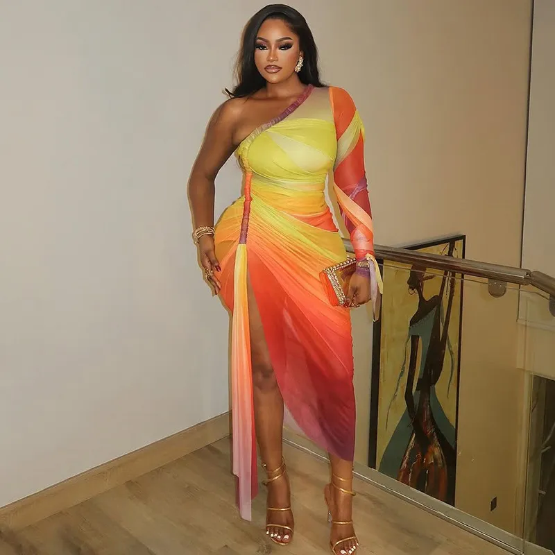 Women Fashion Sexy Color-Block Irregular Slanted Shoulder Long-Sleeve Pleated Split Slim-Fit Dress
