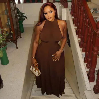 Women Fashion Sexy Solid Color High Neck Halter Sleeveless Backless Tight Waist A- Line Dress