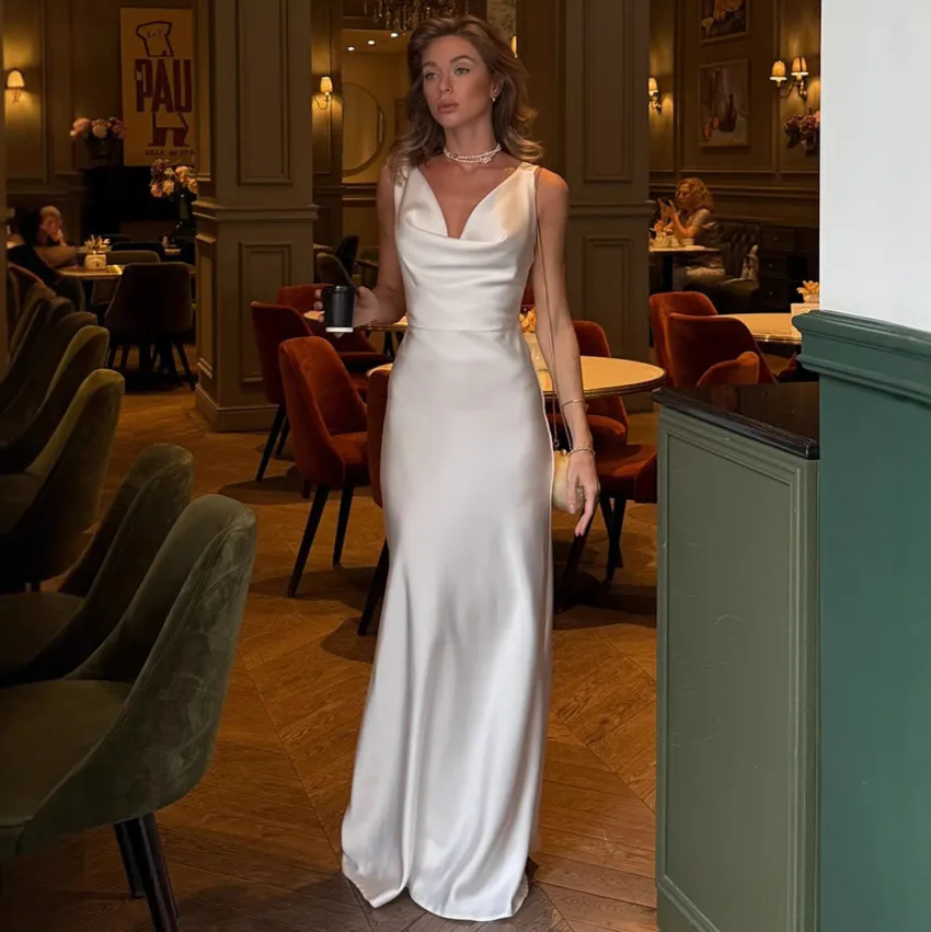 Women Fashion Elegant Solid Color Satin Swing Collar Dress