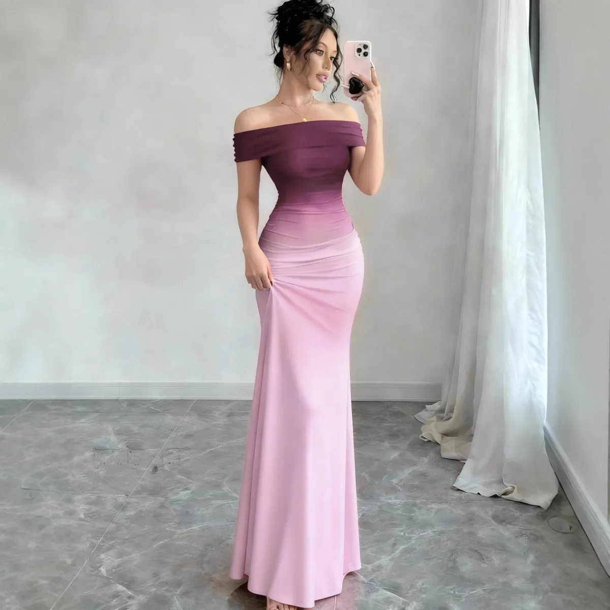 Women Fashion Elegant Gradient Off-Shoulder Short-Sleeve Slim Fit Dress