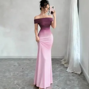 Women Fashion Elegant Gradient Off-Shoulder Short-Sleeve Slim Fit Dress