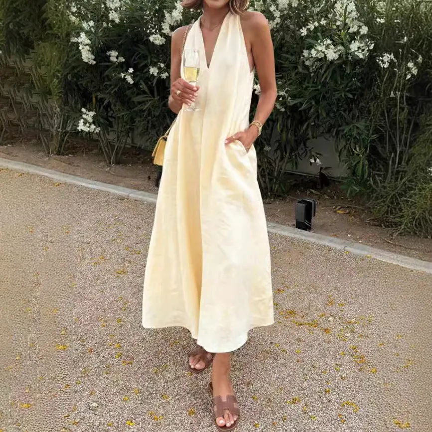 Women Fashion Casual Solid Color V-Neck Sleeveless Pocket Loose Dress