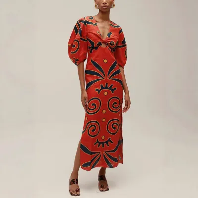 Women Fashion Casual Printed Linen V-Neck Puff Short-Sleeve Loose Dress