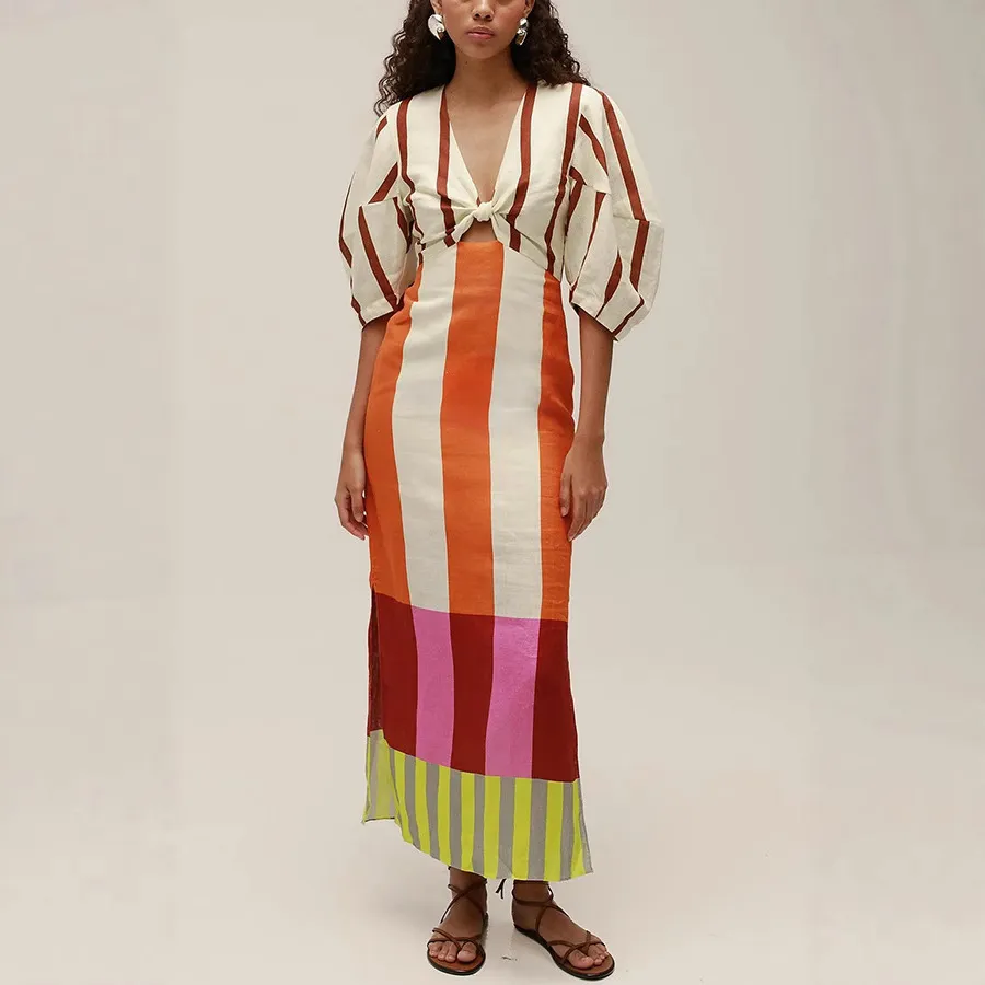 Women Fashion Casual Printed Linen V-Neck Puff Short-Sleeve Loose Dress