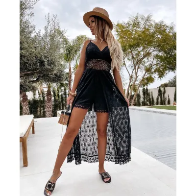 Women Fashion Sexy Boho Vacation Solid Color Lace Spaghetti Strap Dress