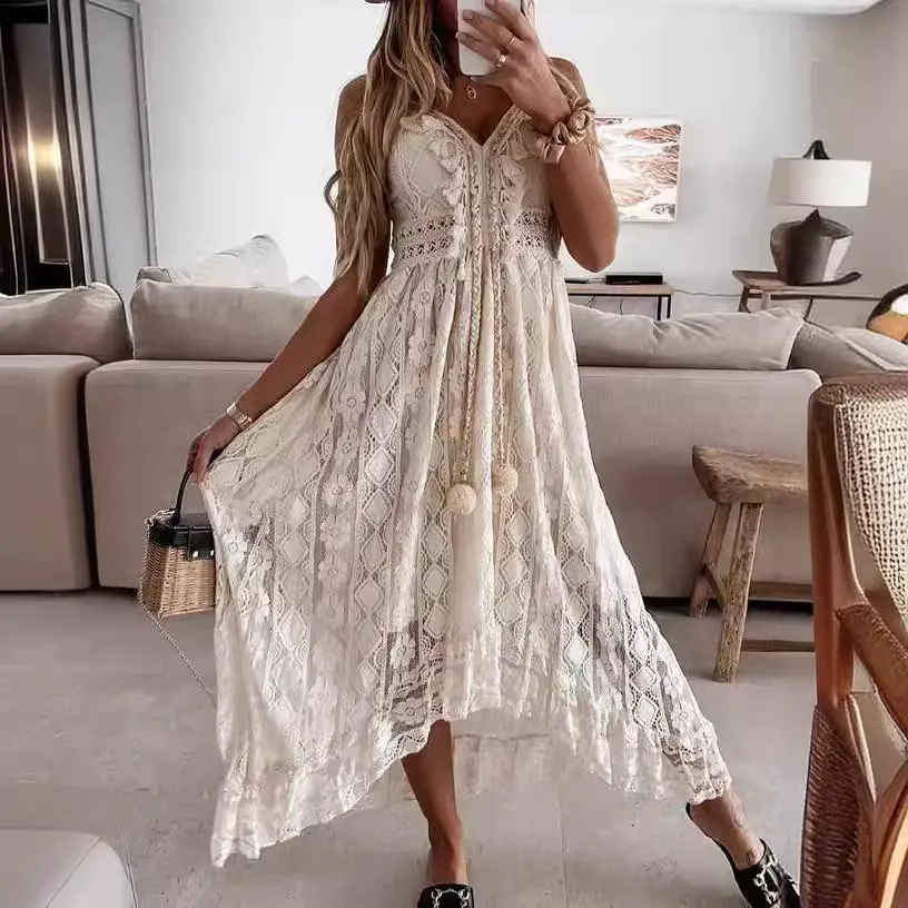 Women Fashion Sexy Boho Vacation Solid Color Lace Spaghetti Strap Dress