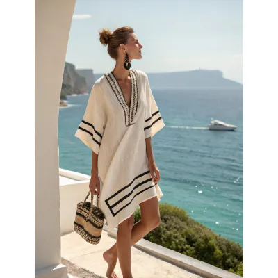 Women Fashion Casual Boho Vacation Printed V-Neck Short-Sleeve Loose Dress