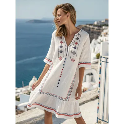 Women Fashion Casual Boho Vacation Printed V-Neck Short-Sleeve Loose Dress