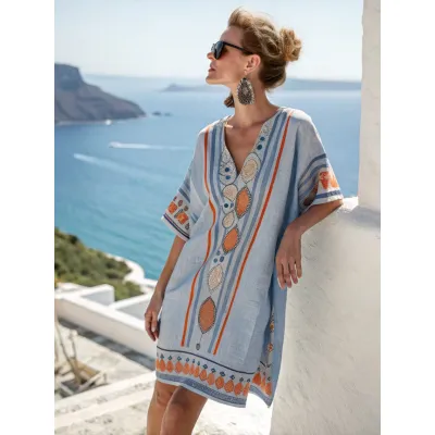 Women Fashion Casual Boho Vacation Printed V-Neck Short-Sleeve Loose Dress