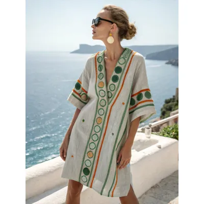 Women Fashion Casual Boho Vacation Printed V-Neck Short-Sleeve Loose Dress