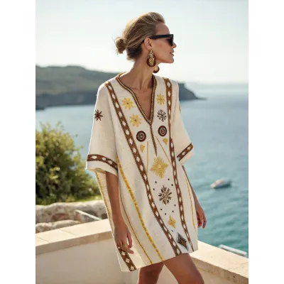 Women Fashion Casual Boho Vacation Printed V-Neck Short-Sleeve Loose Dress