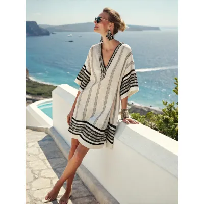 Women Fashion Casual Boho Vacation Printed V-Neck Short-Sleeve Loose Dress