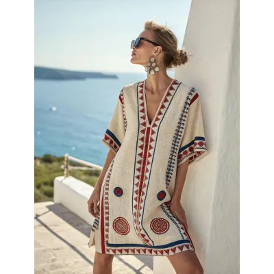Women Fashion Casual Boho Vacation Printed V-Neck Short-Sleeve Loose Dress