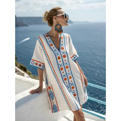 Women Fashion Casual Boho Vacation Printed V-Neck Short-Sleeve Loose Dress