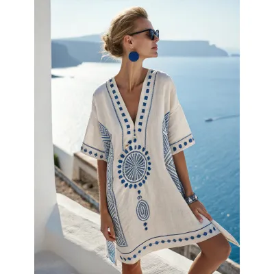 Women Fashion Casual Boho Vacation Printed V-Neck Short-Sleeve Loose Dress