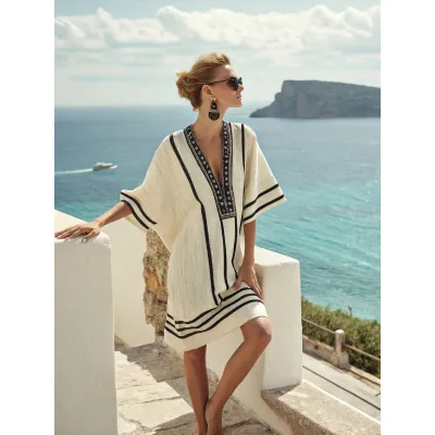 Women Fashion Casual Boho Vacation Printed V-Neck Short-Sleeve Loose Dress