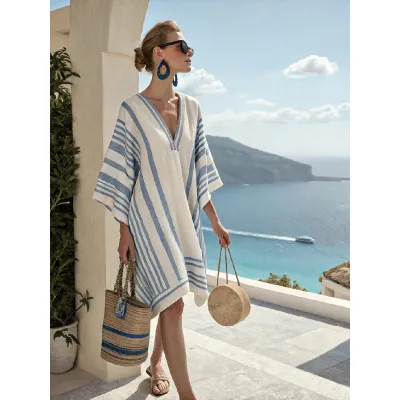 Women Fashion Casual Boho Vacation Printed V-Neck Short-Sleeve Loose Dress