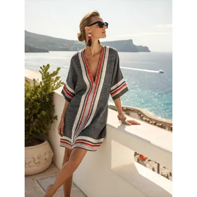 Women Fashion Casual Boho Vacation Printed V-Neck Short-Sleeve Loose Dress