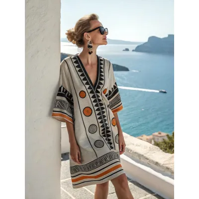 Women Fashion Casual Boho Vacation Printed V-Neck Short-Sleeve Loose Dress