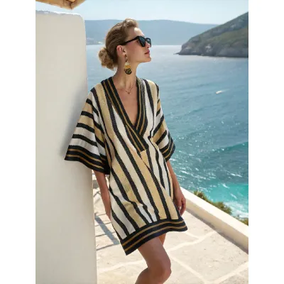 Women Fashion Casual Boho Vacation Printed V-Neck Short-Sleeve Loose Dress