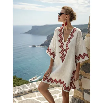 Women Fashion Casual Boho Vacation Printed V-Neck Short-Sleeve Loose Dress