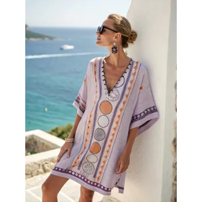 Women Fashion Casual Boho Vacation Printed V-Neck Short-Sleeve Loose Dress