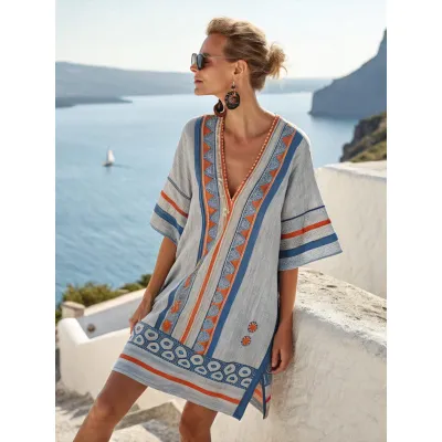Women Fashion Casual Boho Vacation Printed V-Neck Short-Sleeve Loose Dress