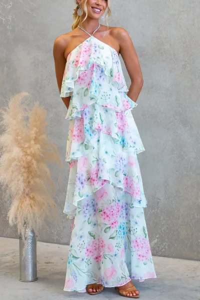 Women Fashion Sexy Boho Vacation Chiffon Print Halter-Neck Lace-Up Dress
