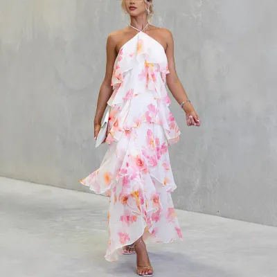 Women Fashion Sexy Boho Vacation Chiffon Print Halter-Neck Lace-Up Dress