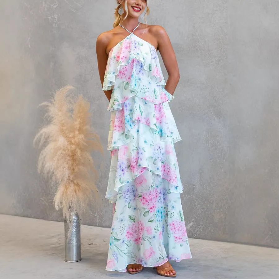 Women Fashion Sexy Boho Vacation Chiffon Print Halter-Neck Lace-Up Dress