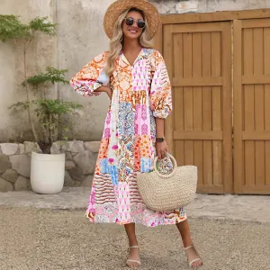 Women Fashion Casual Boho Vcacation Printed V-Neck Short-Sleeve Loose Dress