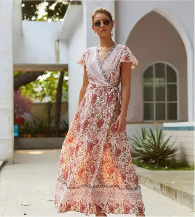 Women Fashion Casual Boho Print V-Neck Short-Sleeve Loose Dress