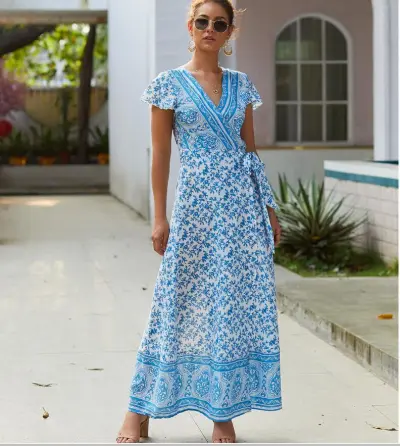 Women Fashion Casual Boho Print V-Neck Short-Sleeve Loose Dress