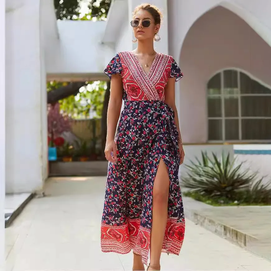 Women Fashion Casual Boho Print V-Neck Short-Sleeve Loose Dress