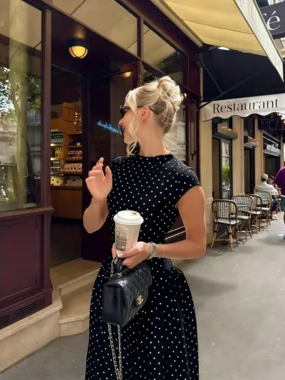 Women Fashion Retro Elegant Polka Dot Print Short-Sleeve A- Line Dress