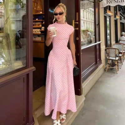 Women Fashion Retro Elegant Polka Dot Print Short-Sleeve A- Line Dress